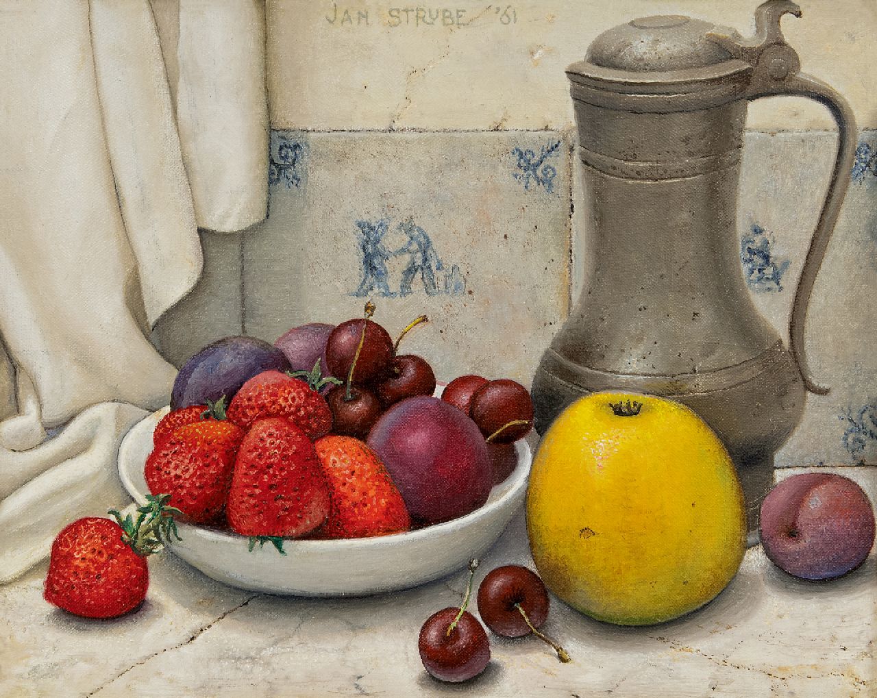 Strube J.H.  | Johan Hendrik 'Jan' Strube, Still life with tin pitcher and fruit, oil on canvas 24.2 x 30.4 cm, signed u.c. and dated '61