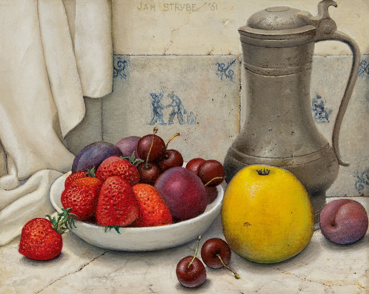 Strube J.H.  | Johan Hendrik 'Jan' Strube | Paintings offered for sale | Still life with tin pitcher and fruit, oil on canvas 24.2 x 30.4 cm, signed u.c. and dated '61