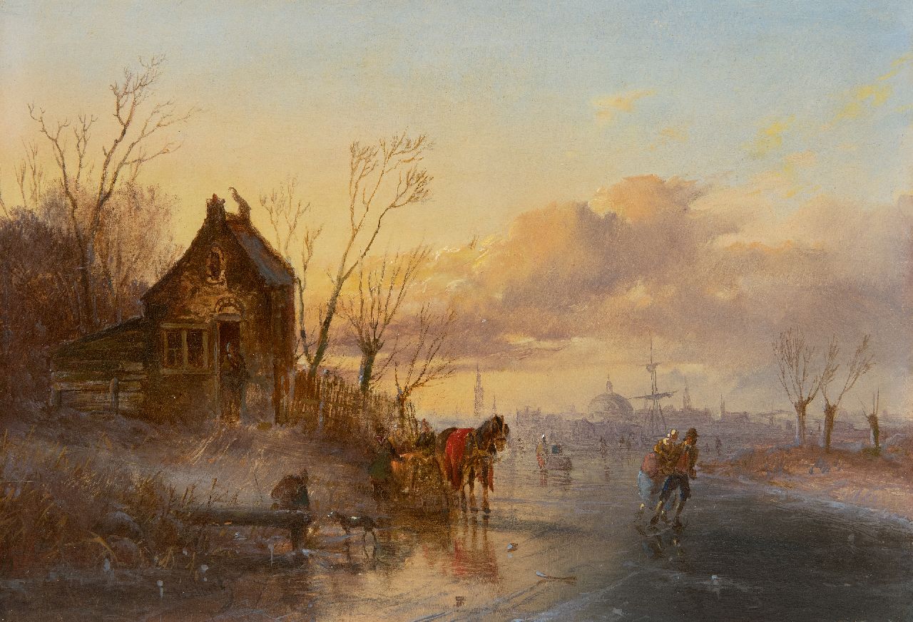Morel II J.E.  | Jan Evert Morel II | Paintings offered for sale | Winter landscape with skaters, a town in the distance, oil on panel 20.2 x 28.5 cm, signed l.l.