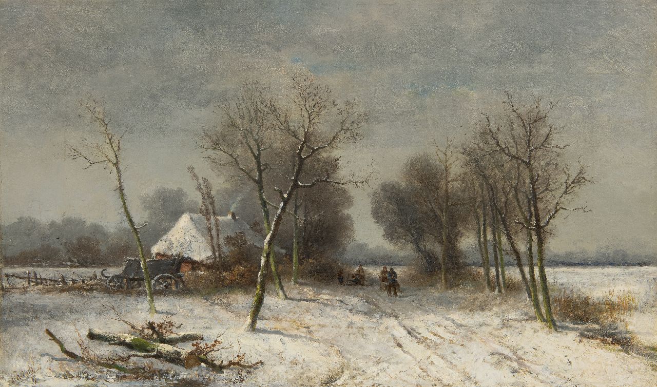 Ranitz S.M.S. de | Sebastiaan Mattheus Sigismund de Ranitz | Paintings offered for sale | Country people with sledges in a snowy landscape, oil on canvas 45.5 x 75.3 cm, signed l.l. and without frame