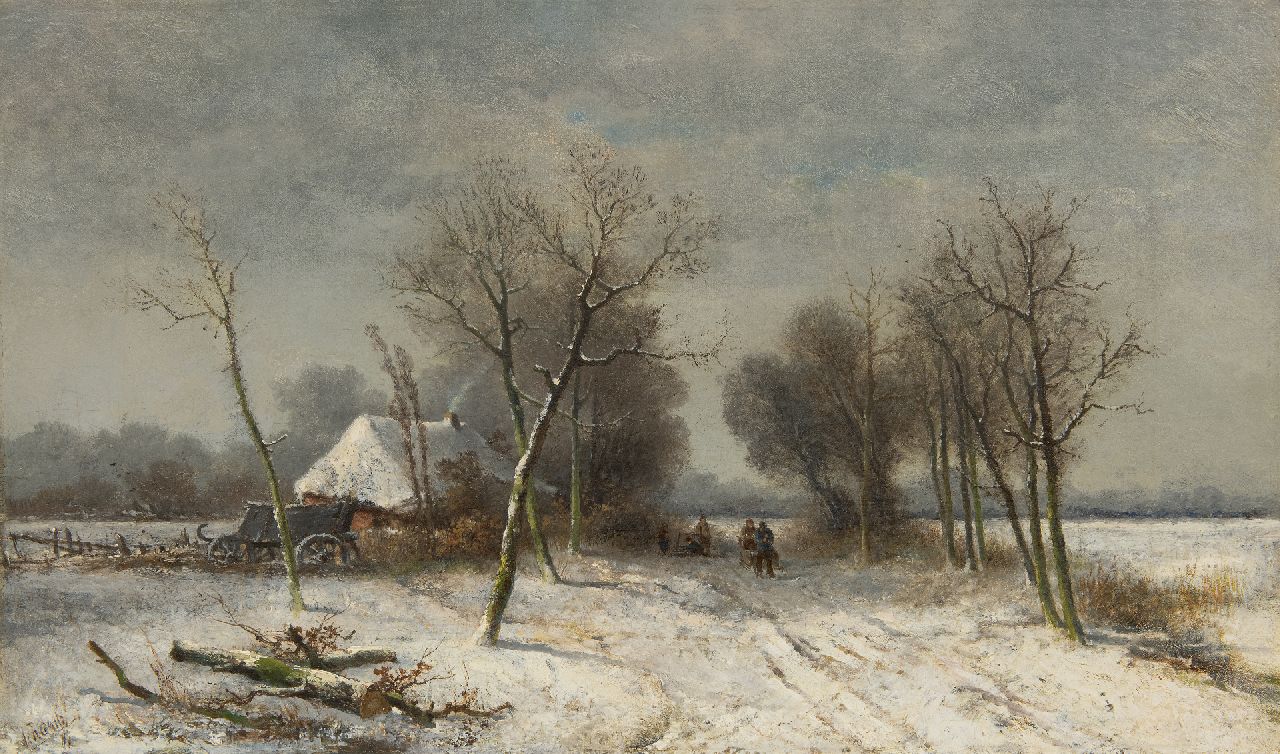 Ranitz S.M.S. de | Sebastiaan Mattheus Sigismund de Ranitz | Paintings offered for sale | Country people with sledges in a snowy landscape, oil on canvas 45.5 x 75.3 cm, signed l.l. and prijs zonder lijst