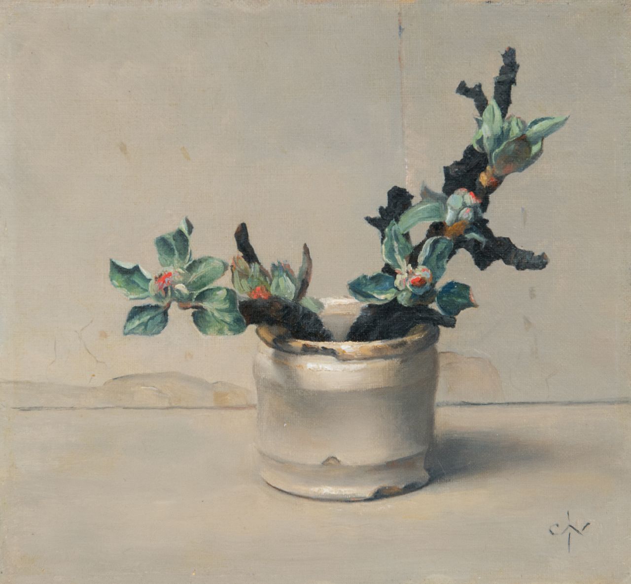 Nachenius J.C.  | Jan Coenraad Nachenius, Budding branches in a white pot, oil on panel 17.7 x 19.2 cm, signed l.l. with monogram