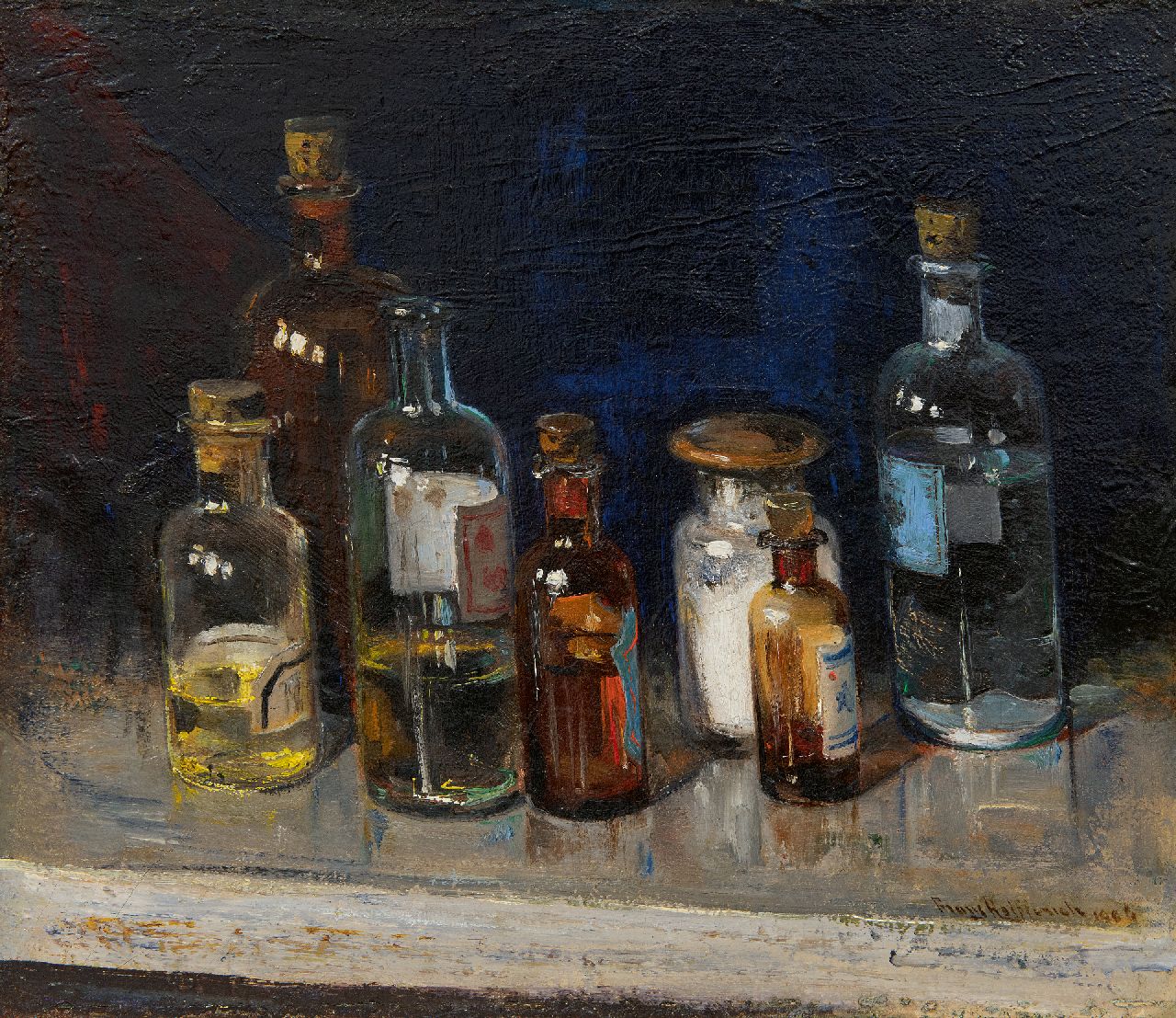 Helfferich F.W.  | Franciscus Willem 'Frans' Helfferich, Stil life with glass bottles, oil on canvas 30.2 x 34.5 cm, signed l.r. and dated 1906