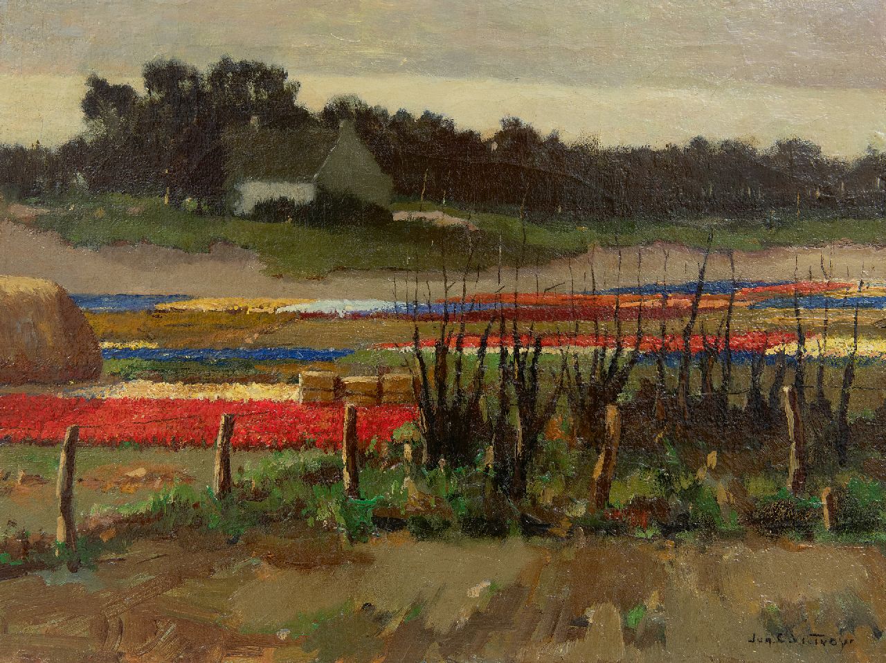 Hollandse School, begin 20e eeuw   | Hollandse School, begin 20e eeuw, Bulb fields, oil on canvas 30.5 x 40.4 cm, signed l.r.