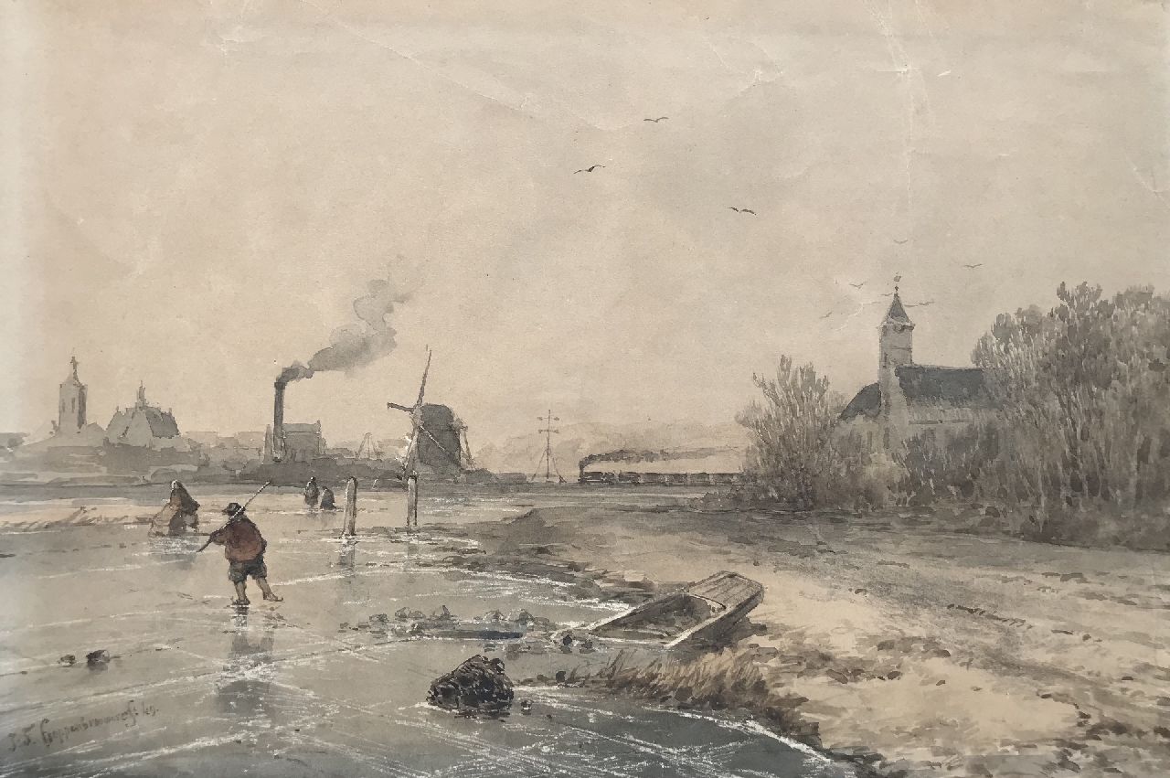 Hoppenbrouwers J.F. | Johannes Franciscus Hoppenbrouwers | Watercolours and drawings offered for sale | Winter landscape with railway line near The Hague, brush and ink on paper 18.8 x 27.9 cm, signed l.l. and dated '49 Hoppenbrouwers J.F. | Johannes Franciscus Hoppenbrouwers | Watercolours and drawings offered for sale | Winter landscape with railway line near The Hague, brush and ink on paper 18.8 x 27.9 cm, signed l.l. and dated '49