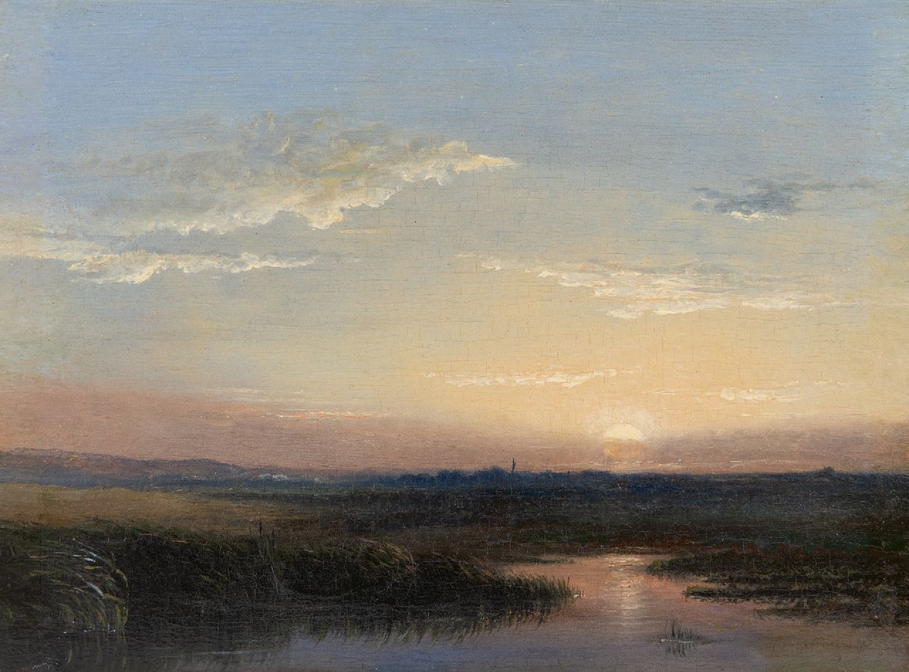 Hoppenbrouwers J.F.  | Johannes Franciscus Hoppenbrouwers | Paintings offered for sale | Sunset, oil on panel 18.2 x 24.1 cm, signed l.r.