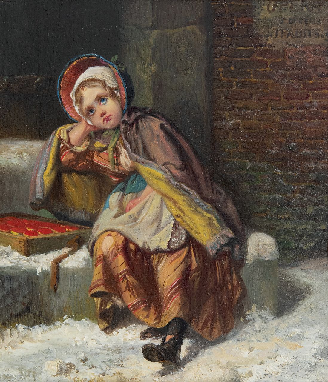 Fabius J.  | Jan Fabius, A girl selling matches in the snow, oil on panel 21.7 x 18.9 cm, signed u.r.