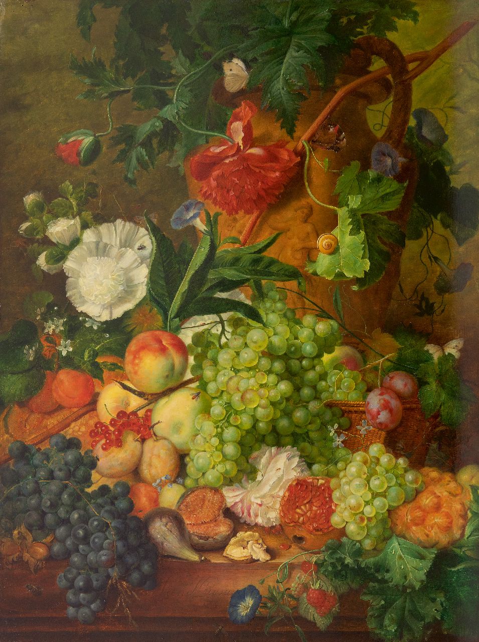 Kuipers C.  | Cornelis Kuipers | Paintings offered for sale | Still life of flowers and fruit, oil on panel 78.2 x 58.5 cm, signed l.c. with Jan Van Huysum and 1735; to be dated ca 1770