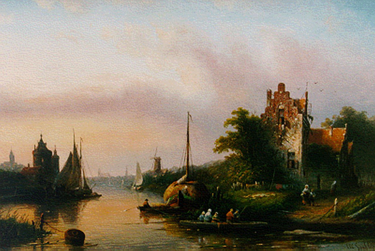 Spohler J.J.C.  | Jacob Jan Coenraad Spohler, A river landscape in summer, oil on canvas 30.6 x 46.2 cm, signed l.r.