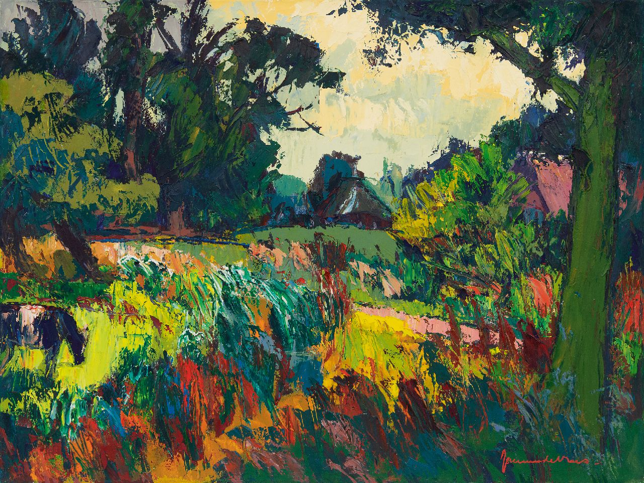 Vries J. de | Jannes de Vries, Landscape near Echten, oil on canvas 60.5 x 80.5 cm, signed l.r.