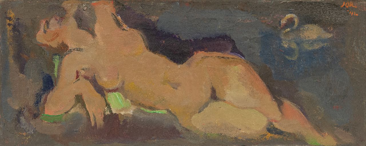 Jordens J.G.  | 'Jan' Gerrit Jordens, Reclining nude (Leda and the swan), oil on canvas 20.9 x 50.6 cm, signed u.r. and dated '42