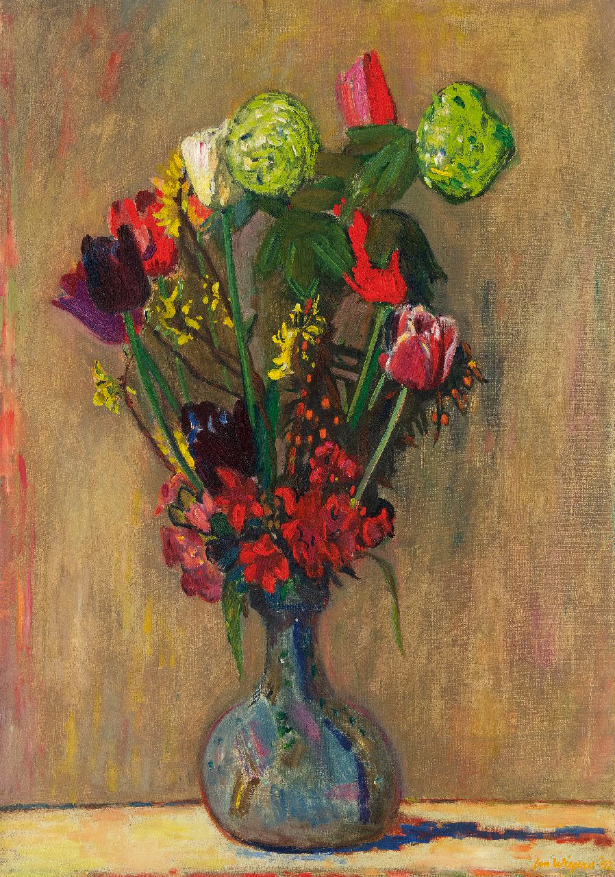 Wiegers J.  | Jan Wiegers, Bouquet of tulips, oil on canvas 70.6 x 49.9 cm, signed l.r.