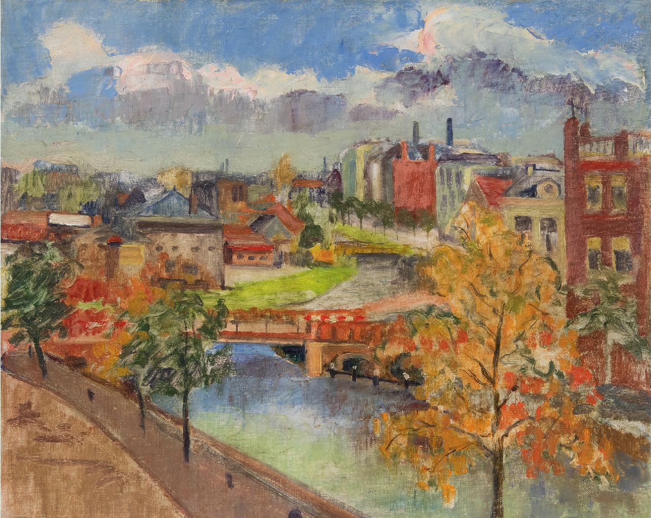 Berg S.R. van den | Sybren Ridsert 'Siep' van den Berg | Paintings offered for sale | The Eendrachtskade and bascule bridge, Groningen, oil on canvas laid down on board 40.0 x 49.9 cm, signed on the reverse