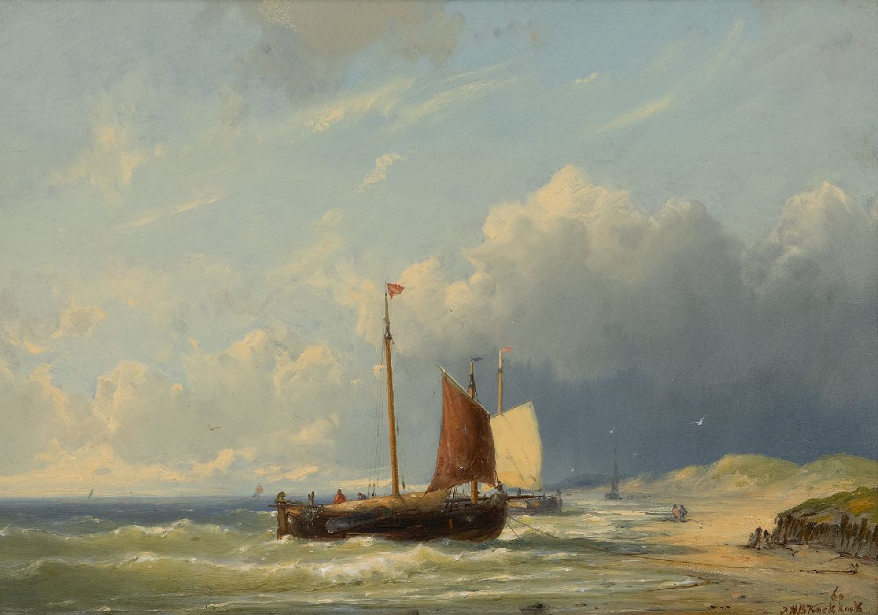 Koekkoek J.H.B.  | Johannes Hermanus Barend 'Jan H.B.' Koekkoek | Paintings offered for sale | Fishing barges at the beach, oil on panel 27.2 x 38.9 cm, signed l.r. and dated '60