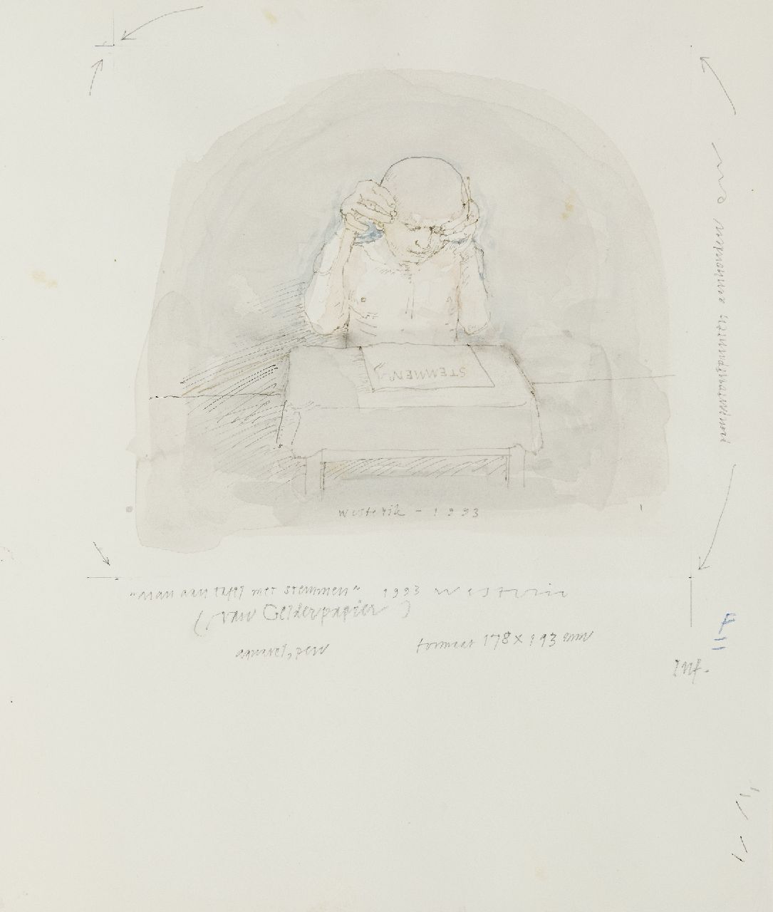Westerik J.  | Jacobus 'Co' Westerik | Watercolours and drawings offered for sale | Man at table with voices, pencil, ink and watercolour on paper 32.5 x 26.5 cm, signed l.c. and dated 1993