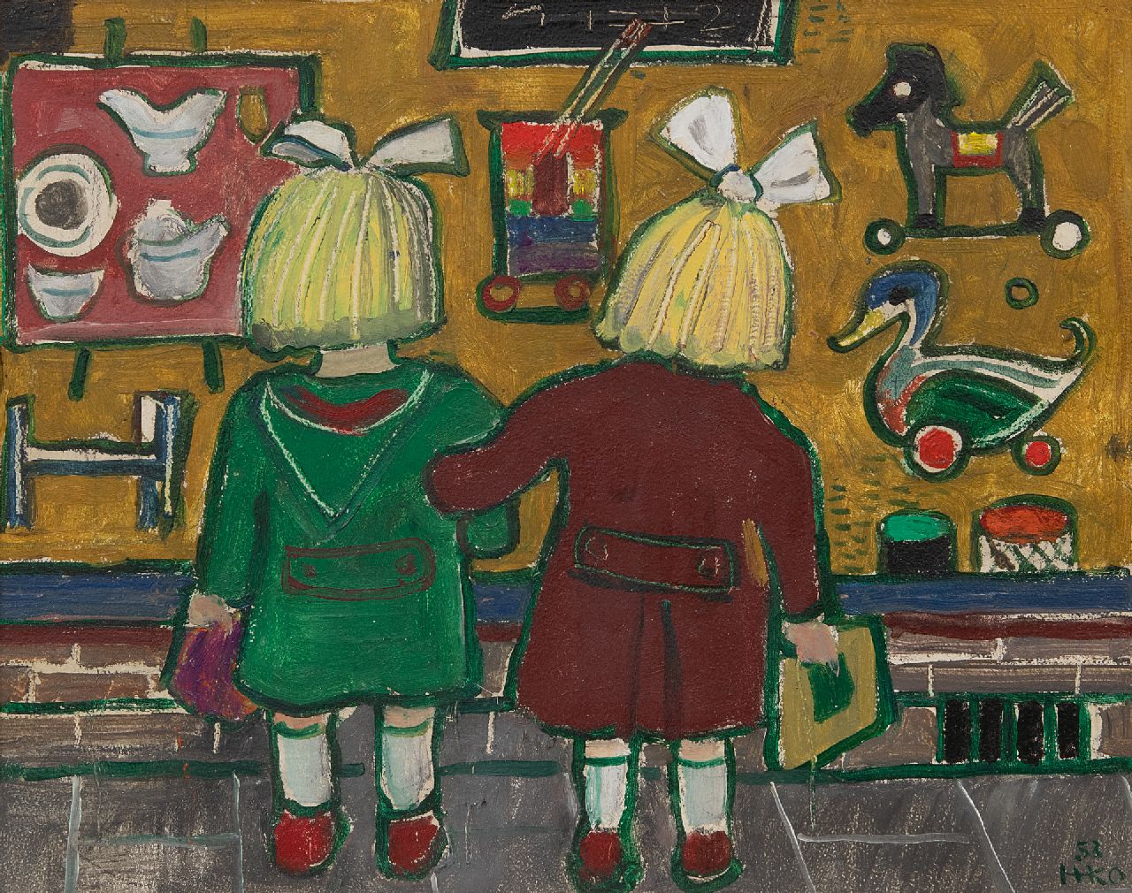 Kamerlingh Onnes H.H.  | 'Harm' Henrick Kamerlingh Onnes, Children in front of the window of a toyshop, oil on board 23.7 x 29.7 cm, signed l.r. with monogram and dated '53