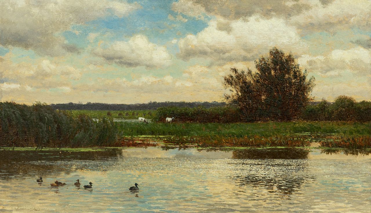 Sande Bakhuyzen J.J. van de | Julius Jacobus van de Sande Bakhuyzen | Paintings offered for sale | A polder landscape, oil on canvas laid down on panel 33.4 x 57.5 cm, signed l.l.