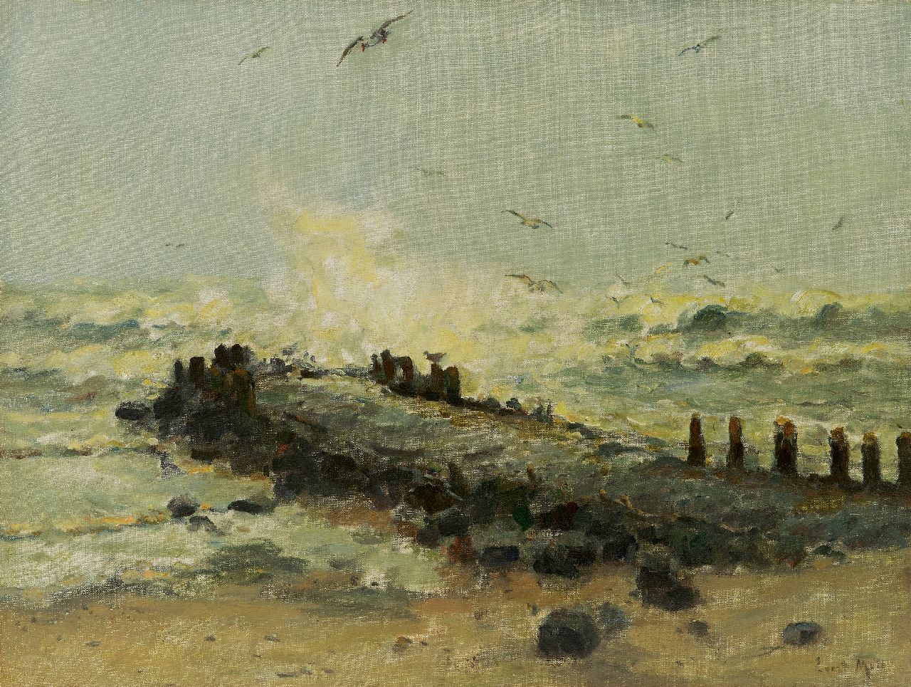 Moll E.  | Evert Moll | Paintings offered for sale | A breakwater in a storm, oil on canvas 39.0 x 51.4 cm, signed l.r.