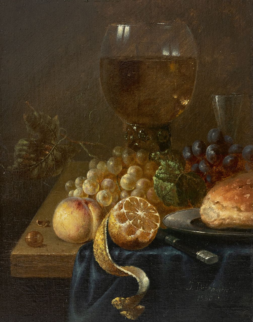 Delehaye J.  | Jos Delehaye | Paintings offered for sale | Still life with Roemer, gtrapes, lemon and pewter dish, oil on canvas 26.9 x 21.2 cm, signed l.r. and dated 1880