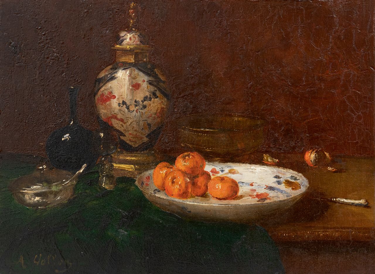 Vollon A.  | Antoine Vollon | Paintings offered for sale | Still life with tangerines and an Imari lidded vase, oil on panel 26.6 x 35.1 cm, signed l.l.