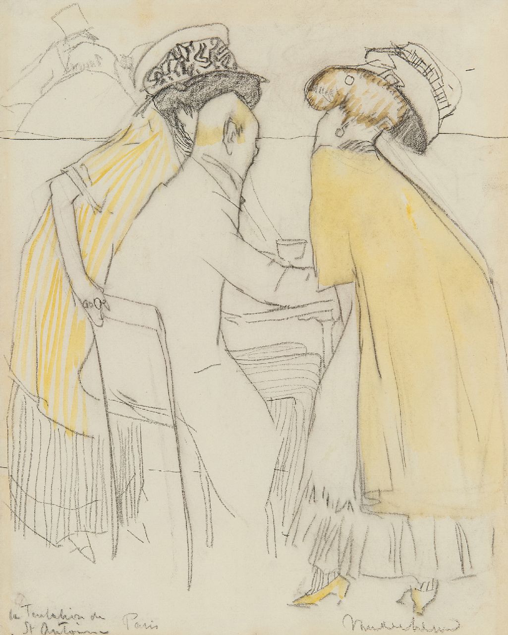 Hem P. van der | Pieter 'Piet' van der Hem | Watercolours and drawings offered for sale | In the café (La Tentation de St. Antoine), crayon and watercolour on paper 23.1 x 18.0 cm, signed l.r.