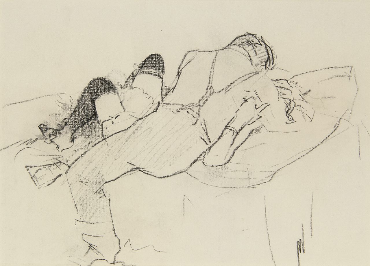 Hem P. van der | Pieter 'Piet' van der Hem | Watercolours and drawings offered for sale | Love couple, charcoal on paper 18.5 x 25.4 cm