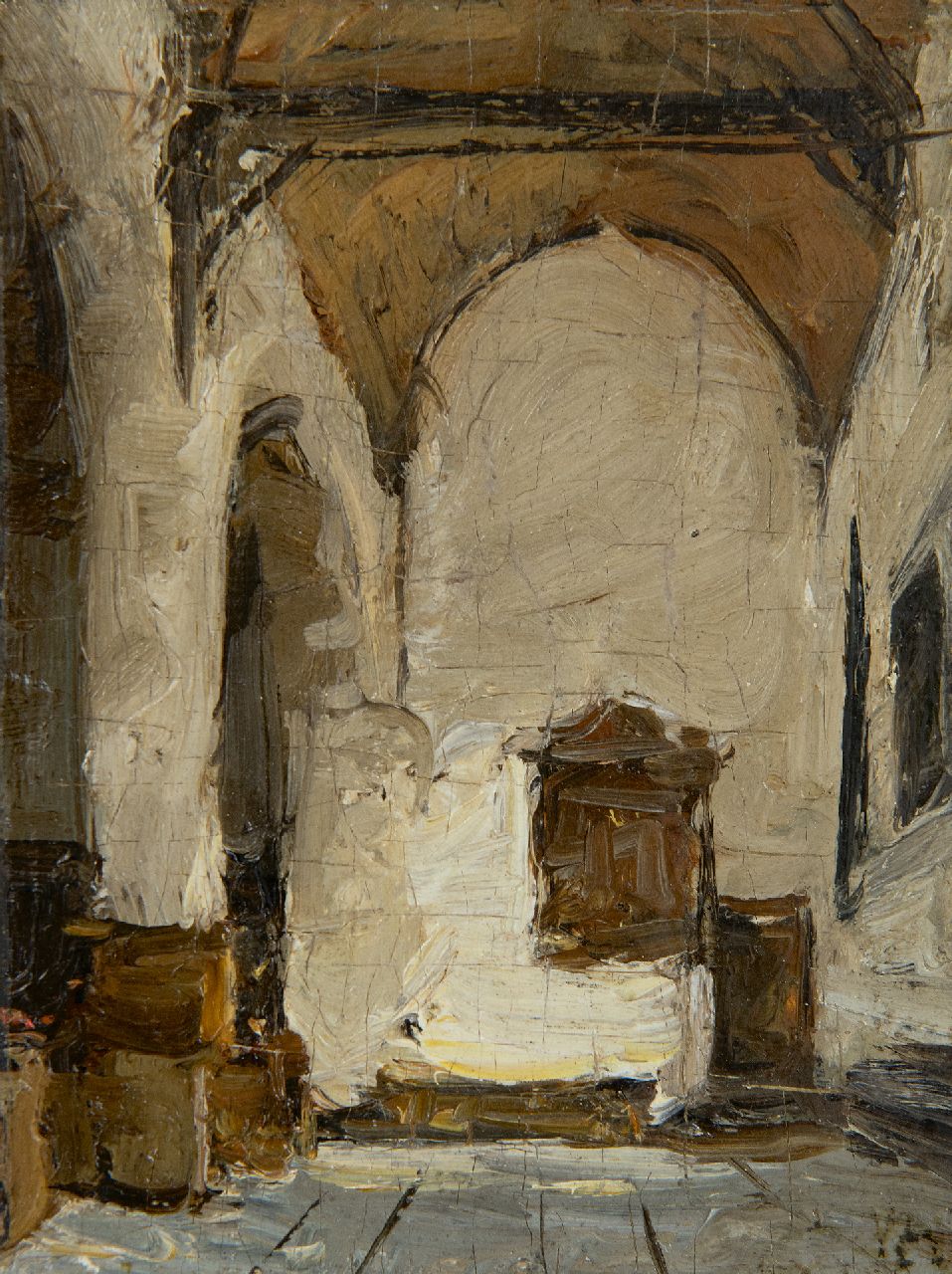 Bosboom J.  | Johannes Bosboom, Church interior, oil on panel 12.0 x 9.1 cm, signed l.r. with initials