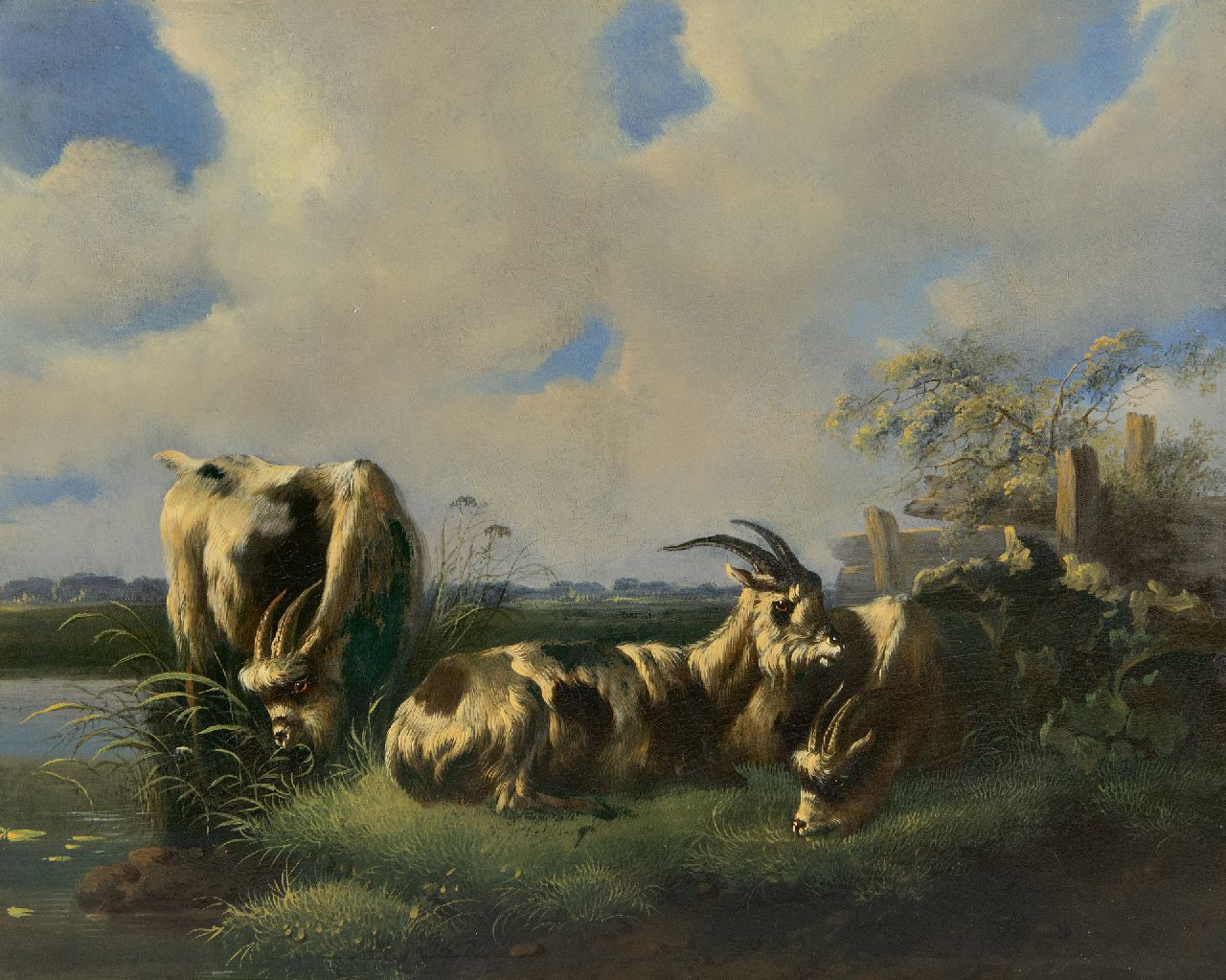 Verhoesen A.  | Albertus Verhoesen | Paintings offered for sale | Three Dutch goats in a meadow, oil on panel 27.0 x 34.3 cm, signed l.r.