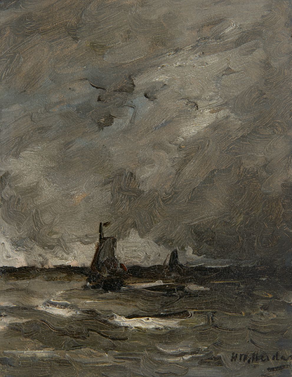 Mesdag H.W.  | Hendrik Willem Mesdag | Paintings offered for sale | Fishing ships in a storm, oil on panel 19.0 x 15.0 cm, signed l.r.