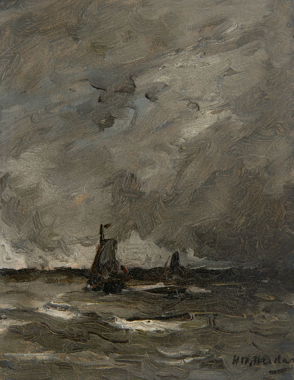 Mesdag H.W.  | Hendrik Willem Mesdag, Fishing ships in a storm, oil on panel 19.0 x 15.0 cm, signed l.r.