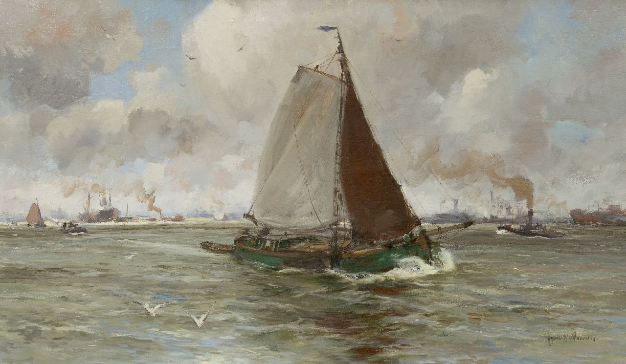 Voorden A.W. van | August Willem van Voorden | Paintings offered for sale | Barge on the river Maas, oil on canvas 57.6 x 97.9 cm, signed l.r.