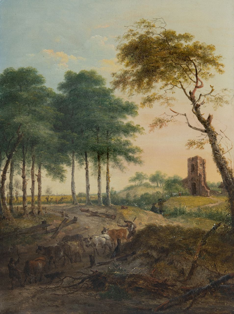 Nijmegen G. van | Gerard van Nijmegen | Paintings offered for sale | Cowherds with cattle near a river bed, oil on panel 46.1 x 34.5 cm, signed l.l. and dated 1785