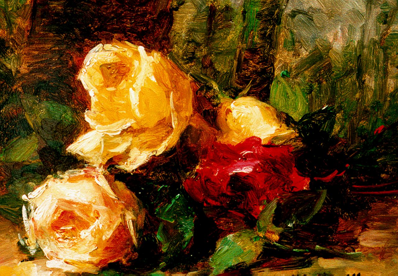 Bellis J.L.  | Josse-Lambert 'Hubert' Bellis, Roses on a forest path, oil on panel 18.8 x 24.4 cm, signed l.r.