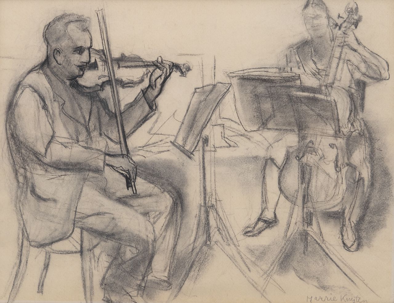 Kuijten H.J.  | Henricus Johannes 'Harrie' Kuijten | Watercolours and drawings offered for sale | Violinist and cellist playing, black chalk on paper 37.1 x 47.8 cm, signed l.r.