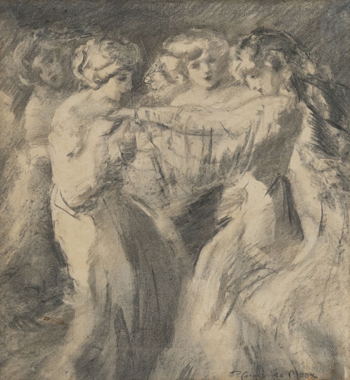 Moor P.C. de | Pieter Cornelis de Moor | Watercolours and drawings offered for sale | Dancing women, charcoal on paper 37.0 x 34.0 cm, signed l.r.