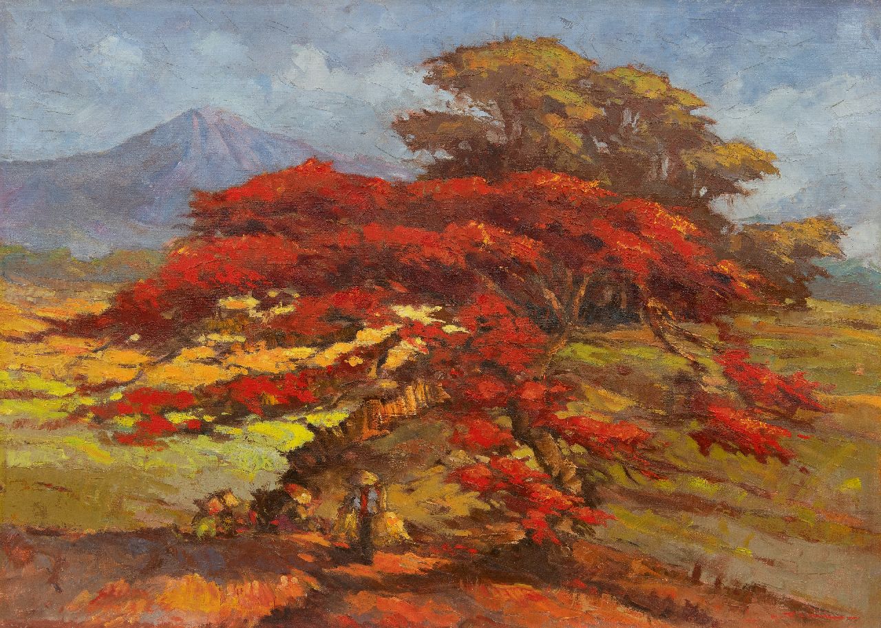 Frits Ohl | Indonesian landscape with Flame tree in bloom, oil on canvas, 68.3 x 95.3 cm, signed l.r.