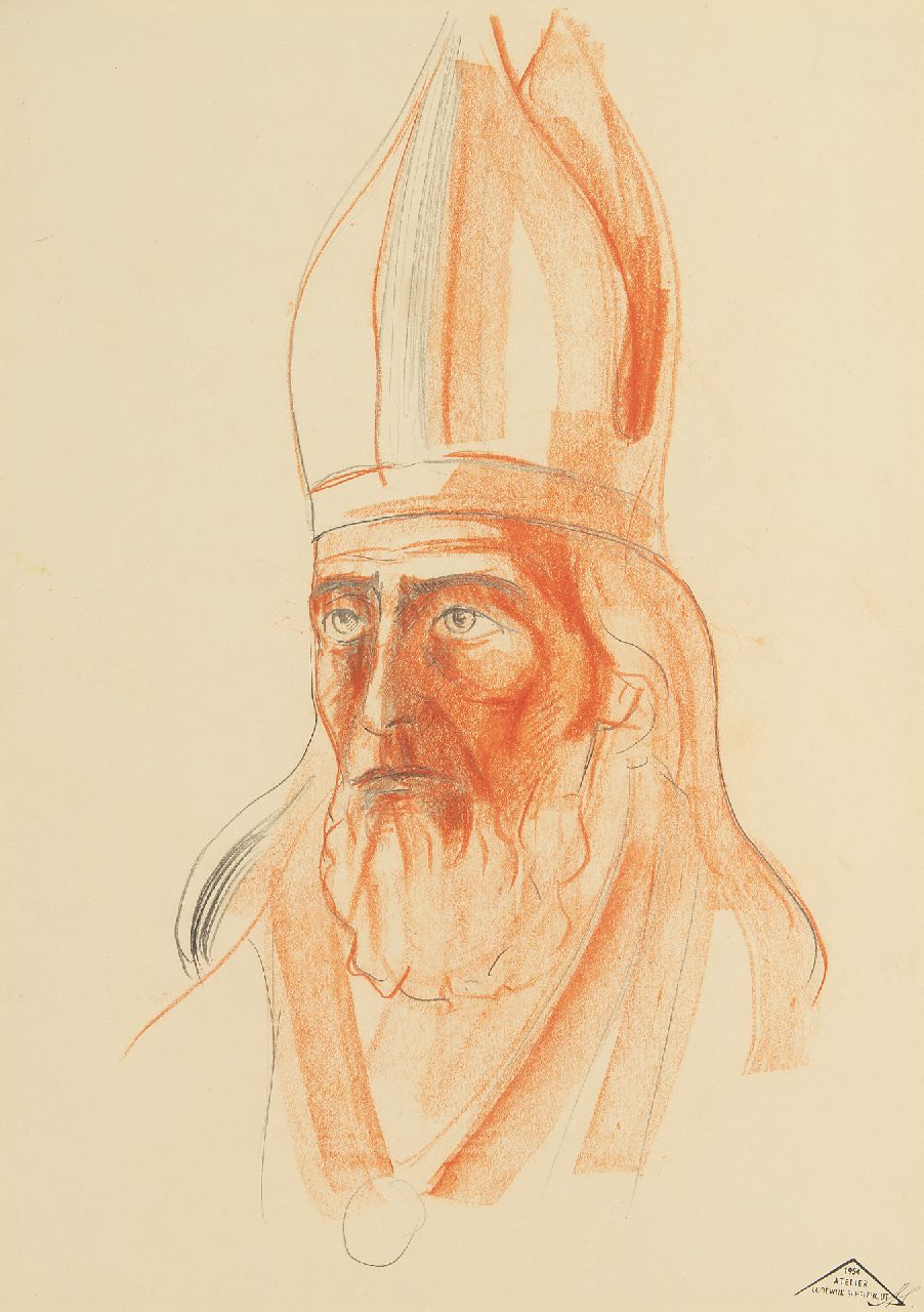 Lodewijk Schelfhout | Portrait of a saint wearing a mitre, pencil and chalk on paper, 34.0 x 20.0 cm