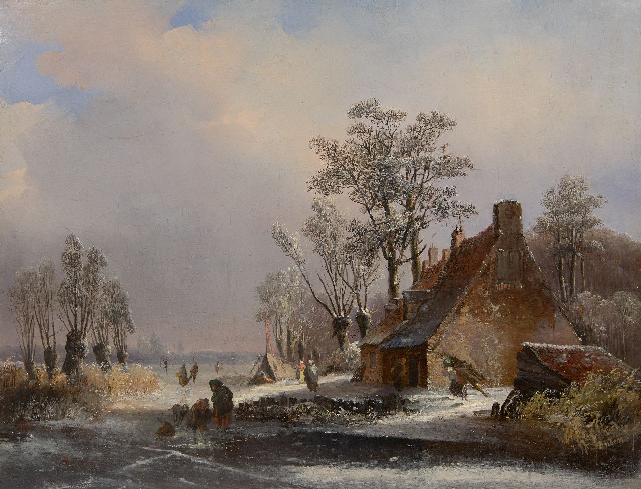 Jansen J.M.  | Johannes Mauritz Jansen | Paintings offered for sale | Winter landscape with a cottage and skaters, oil on canvas 35.1 x 45.5 cm, signed l.r.