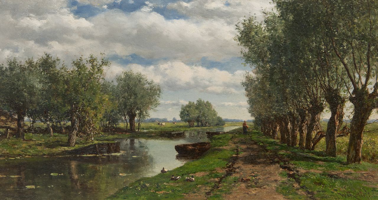 Roelofs W.  | Willem Roelofs, A polder landscape, oil on panel 25.8 x 48.2 cm, signed l.r.