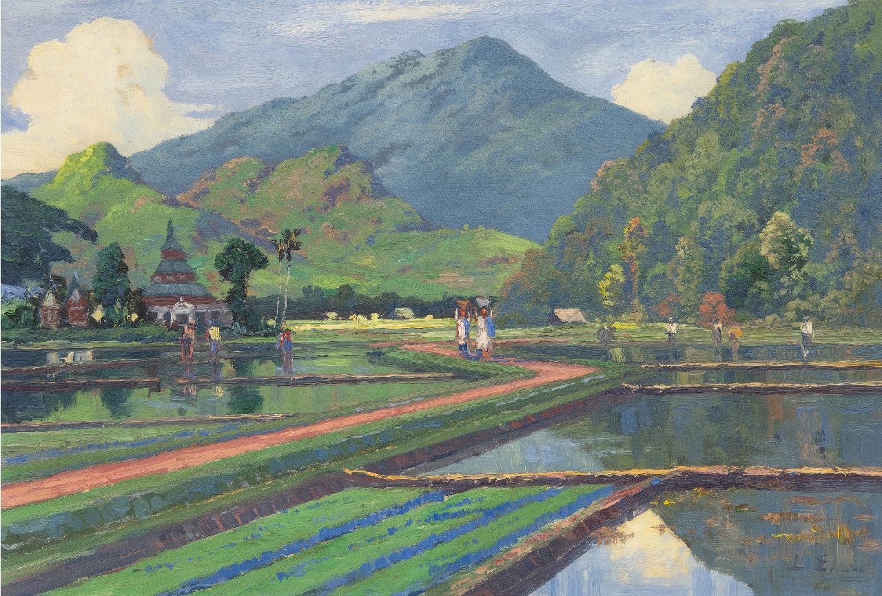 Leo Eland | Sawa landscape with the Gunung Merapi, oil on panel, 40.0 x 60.0 cm, signed l.r.