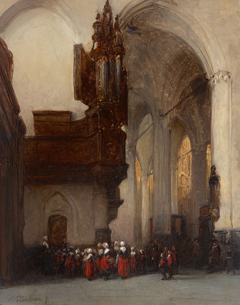 Bosboom J.  | Johannes Bosboom, Amsterdam orphans in the Nieuwe Kerk, oil on panel 29.2 x 21.3 cm, signed l.l.