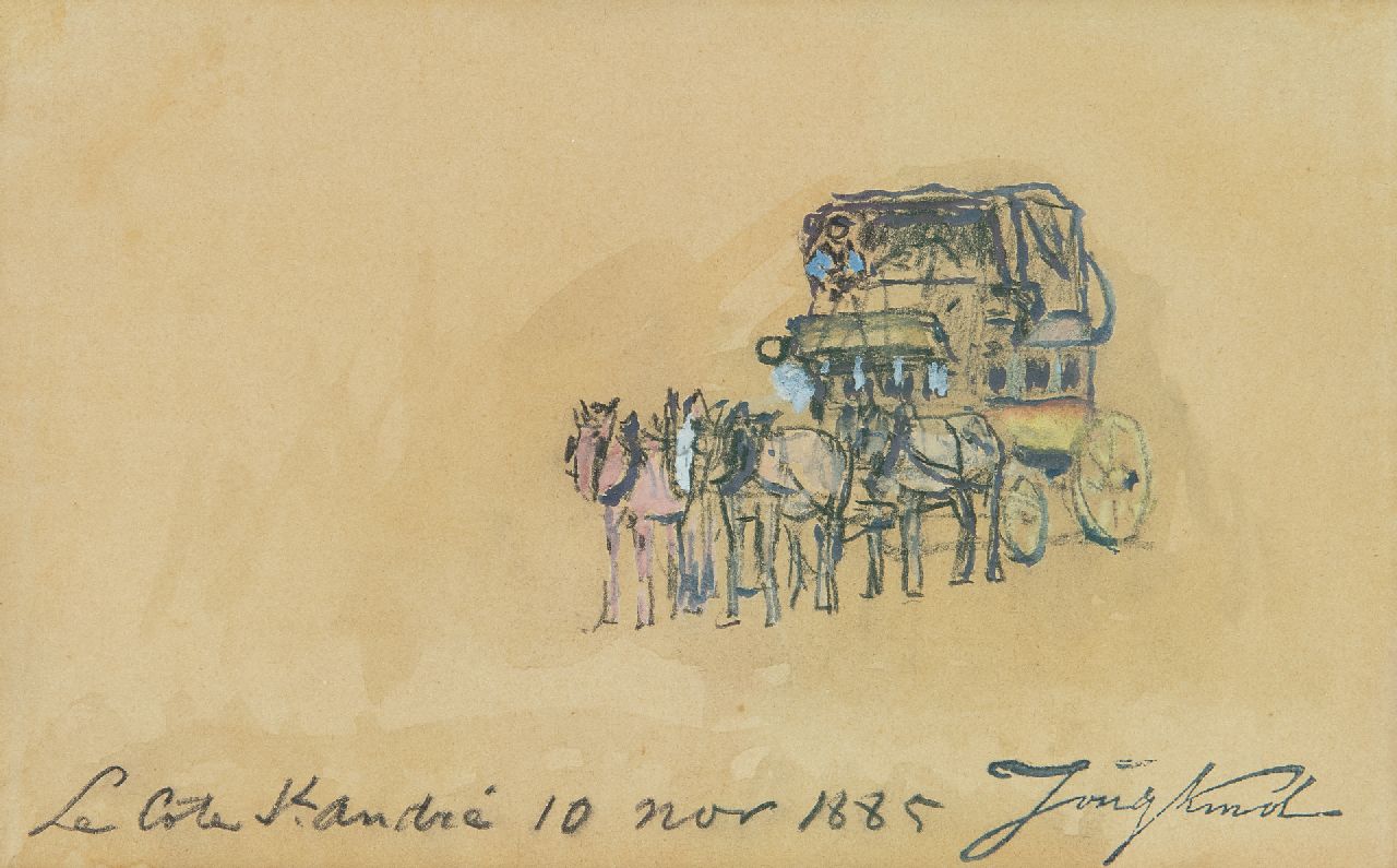 Jongkind J.B.  | Johan Barthold Jongkind | Watercolours and drawings offered for sale | The stagecoach, La Côte-Saint-André, black chalk and watercolour on paper 10.3 x 16.7 cm, signed l.r. with the artist's stamp and dated 'La Côte St. André 10 nov 1885'