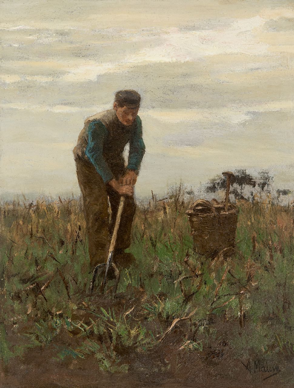 Mauve A.  | Anthonij 'Anton' Mauve, Digging potatoes, oil on panel 32.0 x 24.4 cm, signed l.r.