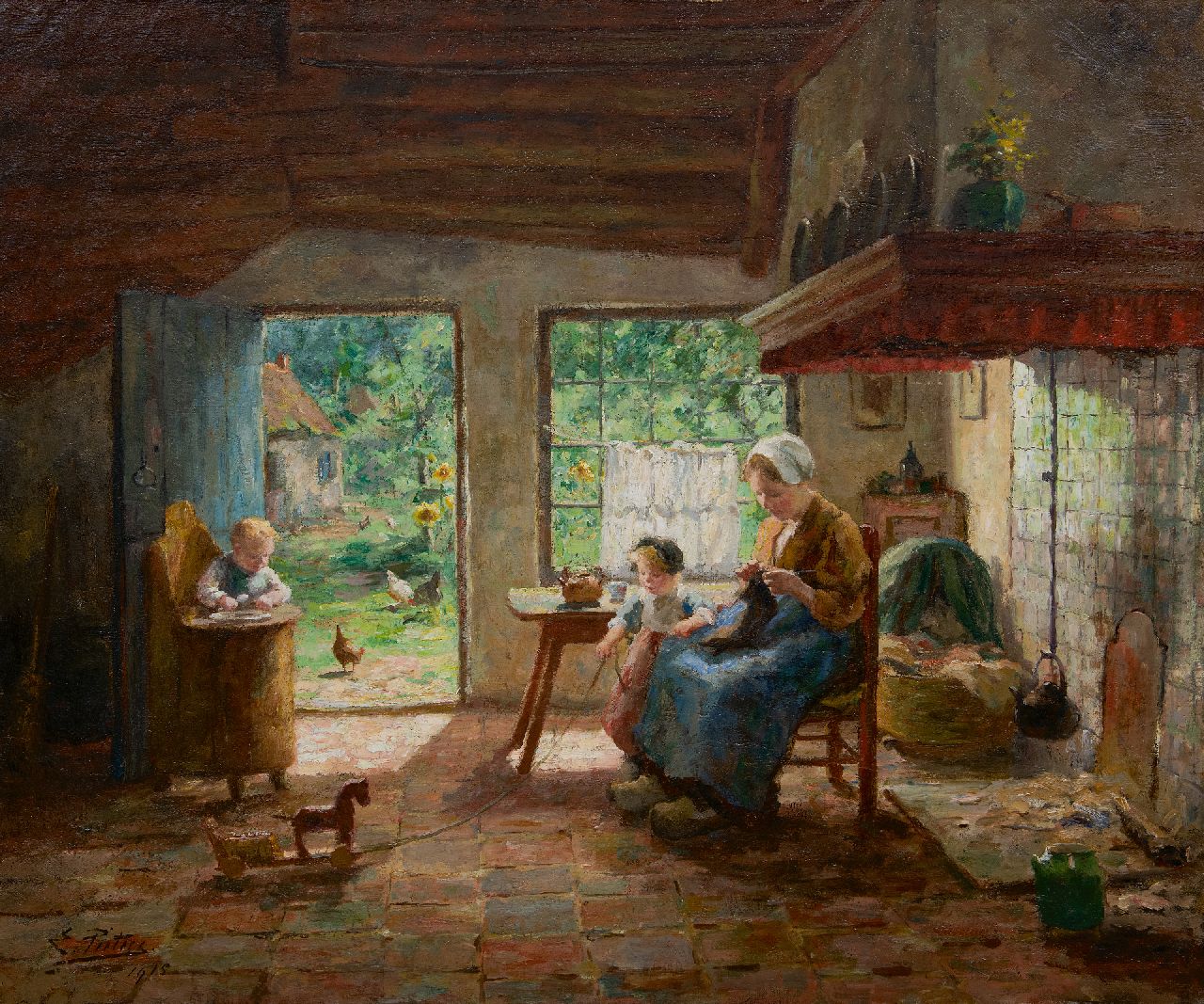 Pieters E.  | Evert Pieters | Paintings offered for sale | Mother and children in a sunny farmhouse interior, oil on canvas 78.5 x 92.4 cm, signed l.l. and dated 1915