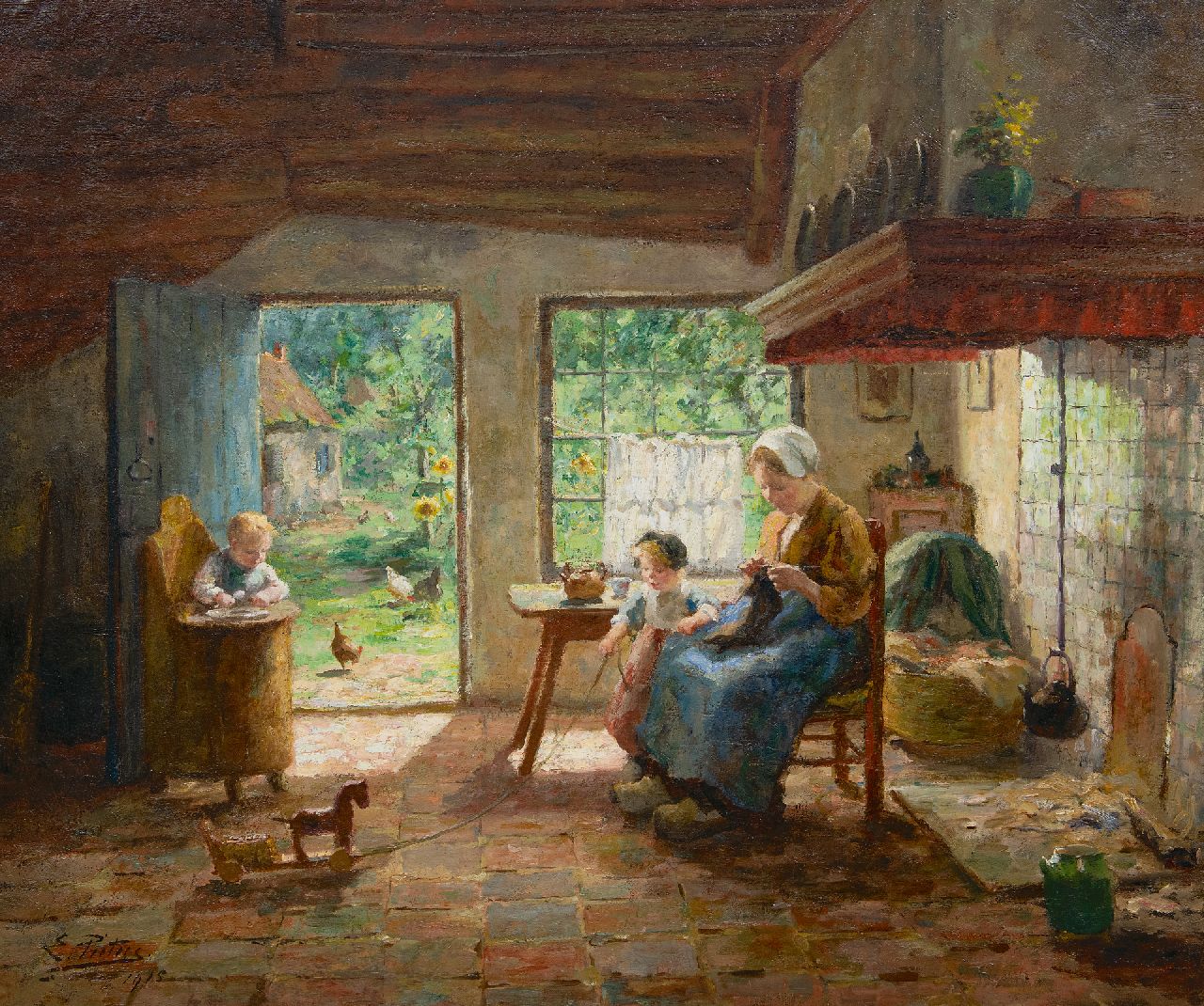 Pieters E.  | Evert Pieters | Paintings offered for sale | Mother and children in a sunny farmhouse interior, oil on canvas 78.5 x 92.4 cm, signed l.l. and dated 1915