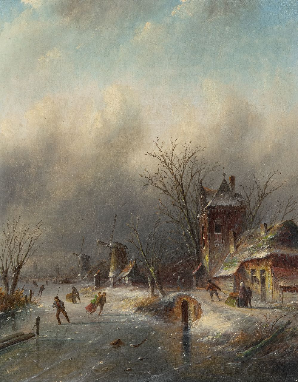 Spohler J.J.C.  | Jacob Jan Coenraad Spohler, Skaters on the ice in an upcoming snowstorm, oil on canvas 44.3 x 34.9 cm, signed l.r.