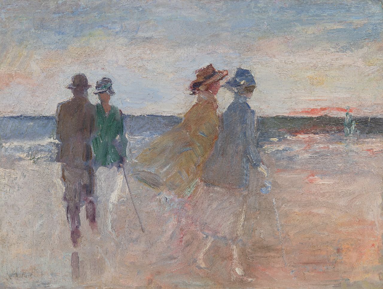 Rinke J.  | 'Jan' Frederik Rinke, Walking along the Scheveningen beach at sunset, oil on board 30.1 x 40.2 cm, signed l.l. (remains)