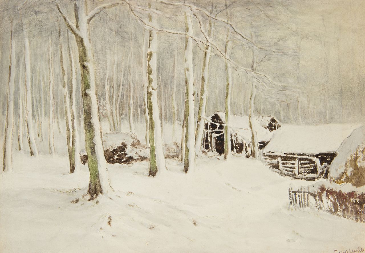 Apol L.F.H.  | Lodewijk Franciscus Hendrik 'Louis' Apol | Watercolours and drawings offered for sale | Snowy barns in the forest, gouache on paper 36.5 x 52.1 cm, signed l.r.