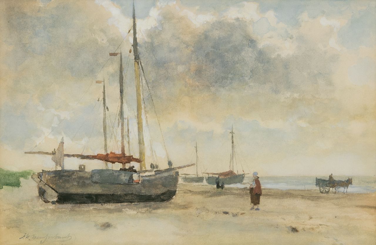 Weissenbruch H.J.  | Hendrik Johannes 'J.H.' Weissenbruch, Fishing boats on the beach, watercolour on paper 32.8 x 49.6 cm, signed l.l.