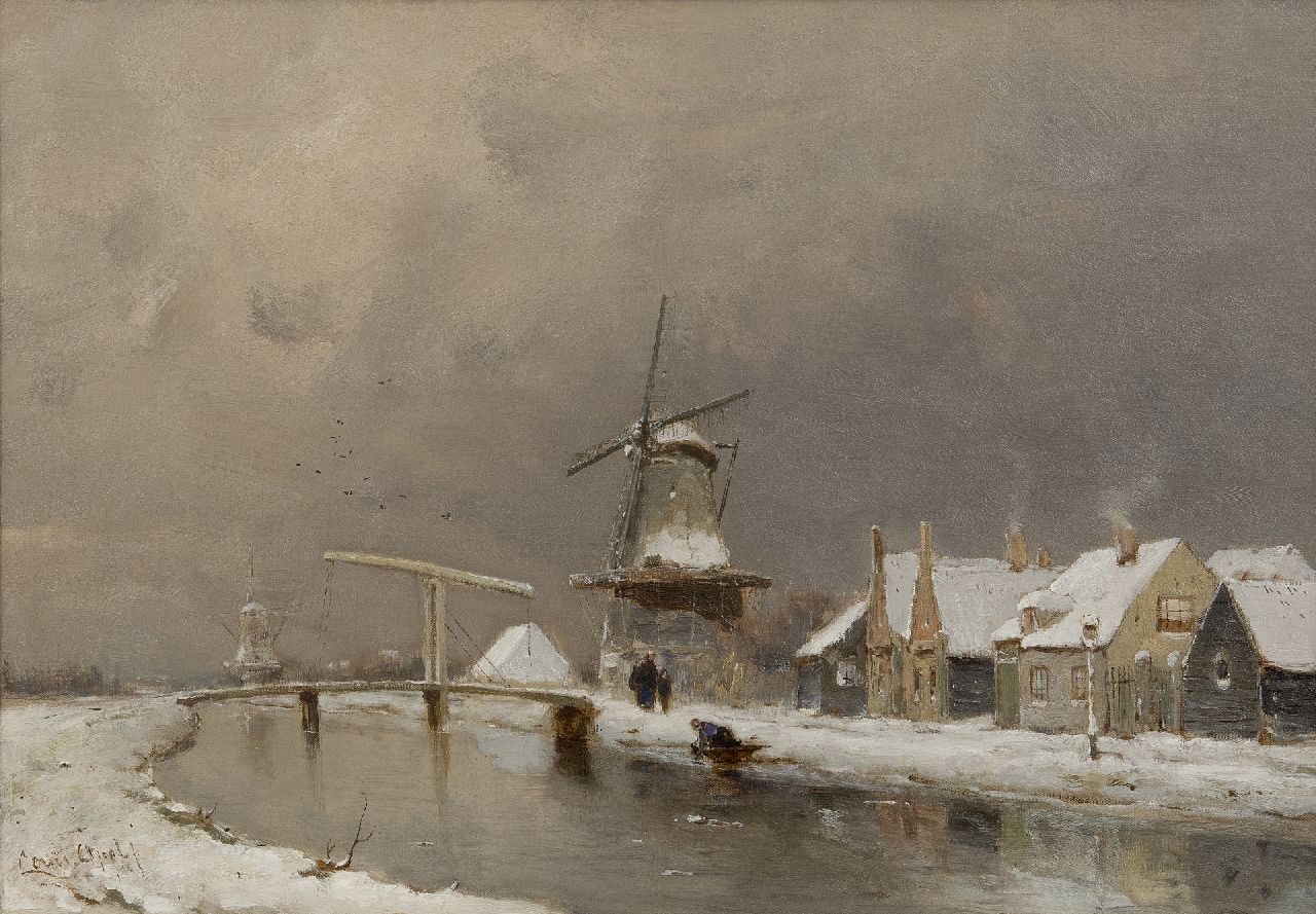 Apol L.F.H.  | Lodewijk Franciscus Hendrik 'Louis' Apol | Paintings offered for sale | Winter view of a village by a river, oil on canvas 35.3 x 50.2 cm, signed l.l.